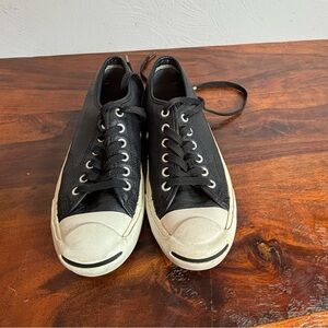 Converse Jack Purcell Black Tumbled Leather Low Top Sneakers Smile Toe Shoes‎